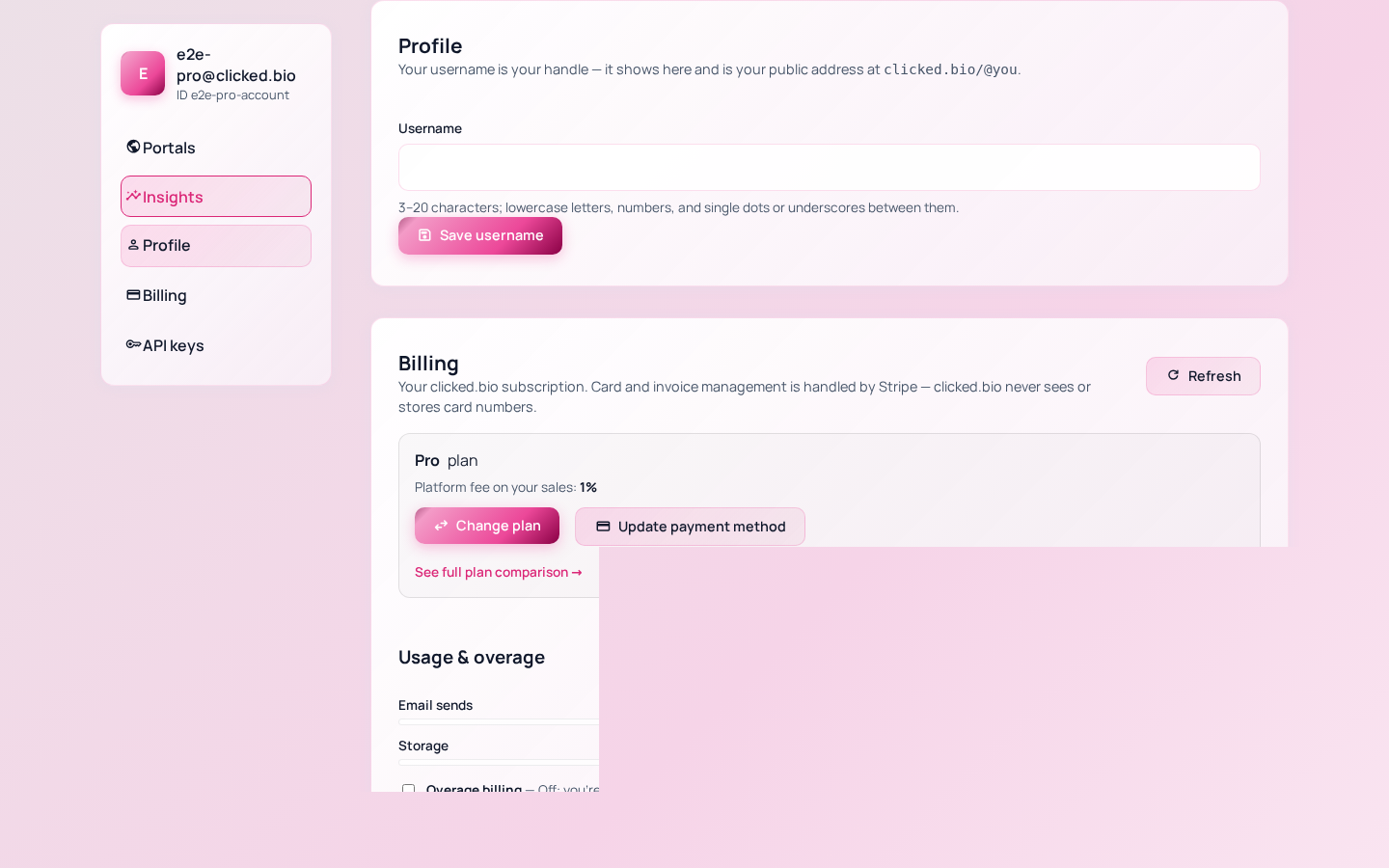 The Profile panel in the clicked.bio dashboard showing the username field