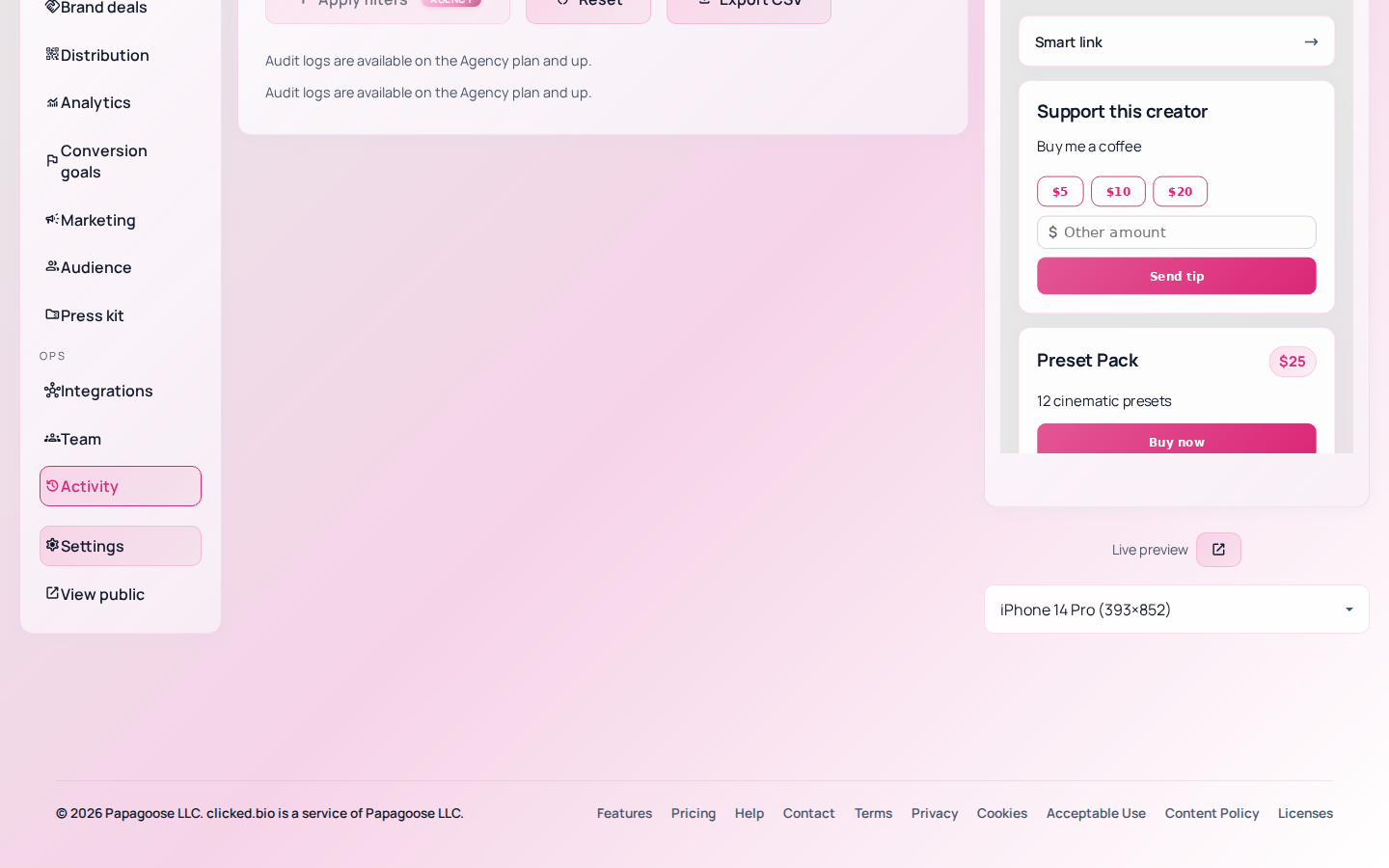 The Activity panel in clicked.bio showing a log of changes with who made them