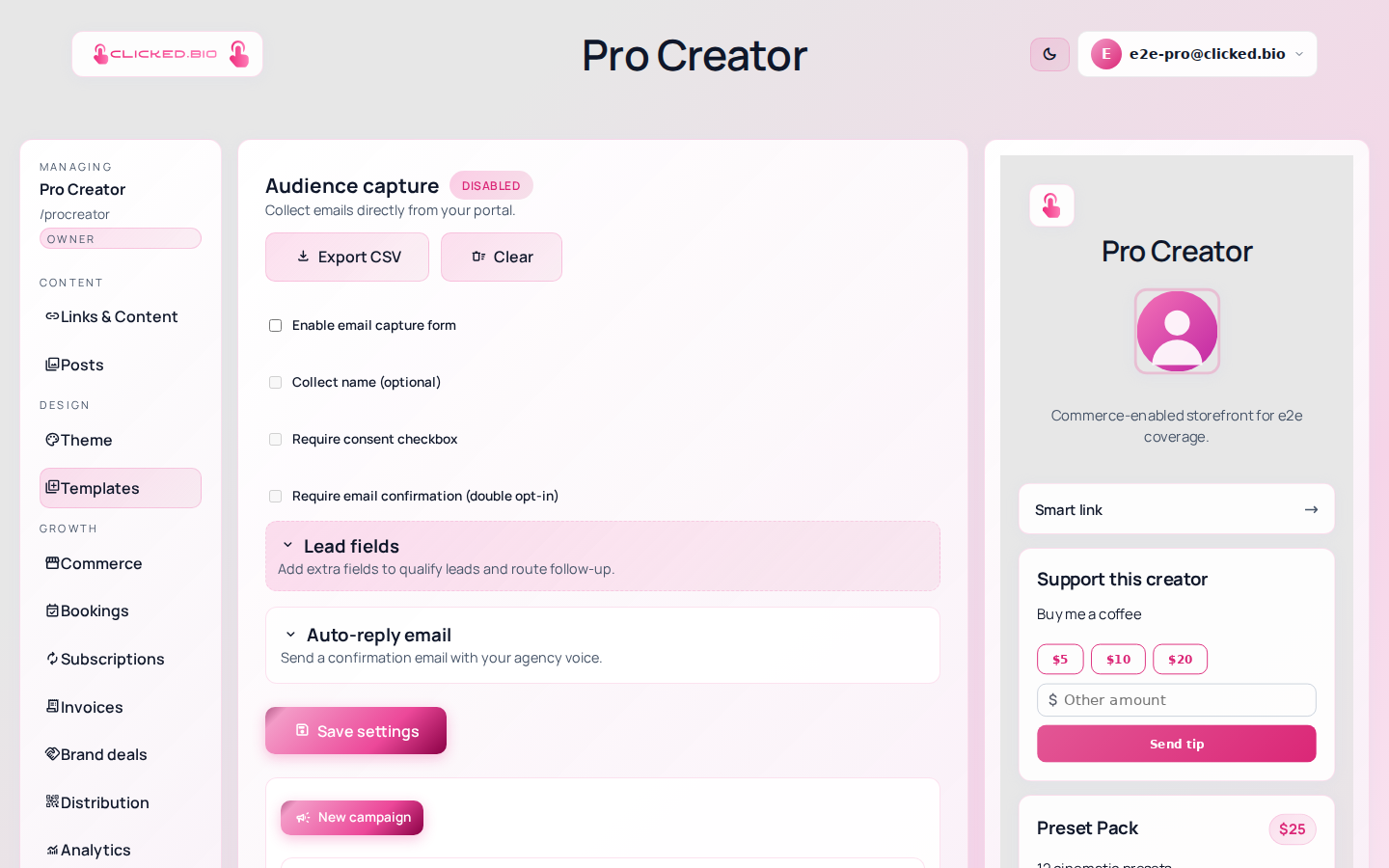 The Audience capture panel in clicked.bio with consent options, custom fields and an export button