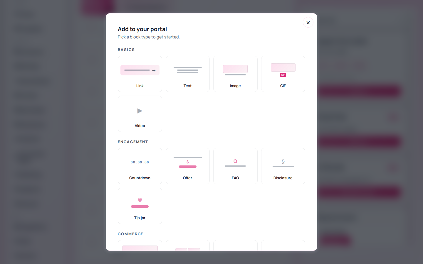 The Add to your portal dialog in clicked.bio, showing block types grouped under Basics, Engagement and Commerce