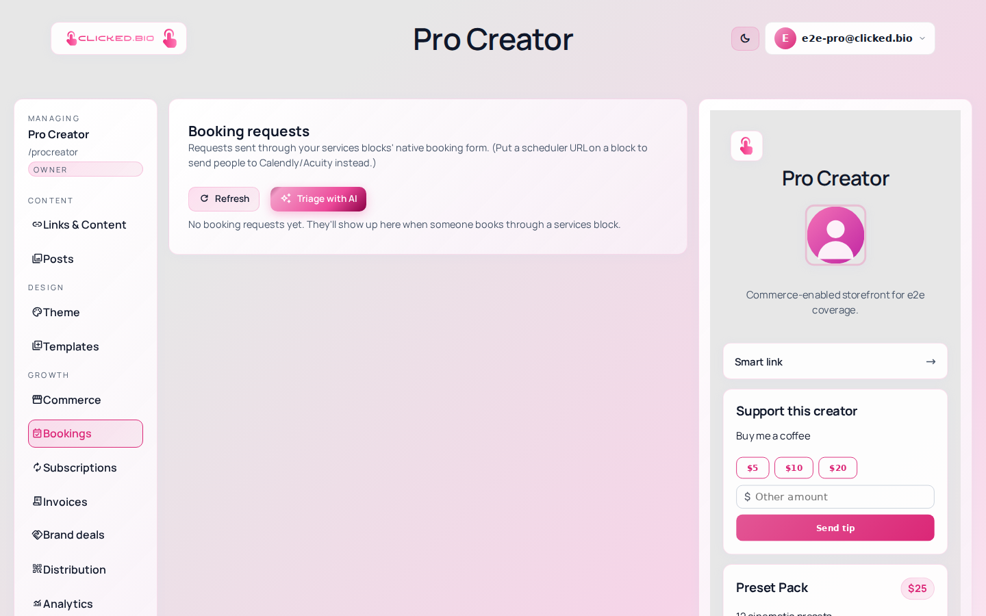 The Bookings panel in clicked.bio showing incoming booking requests