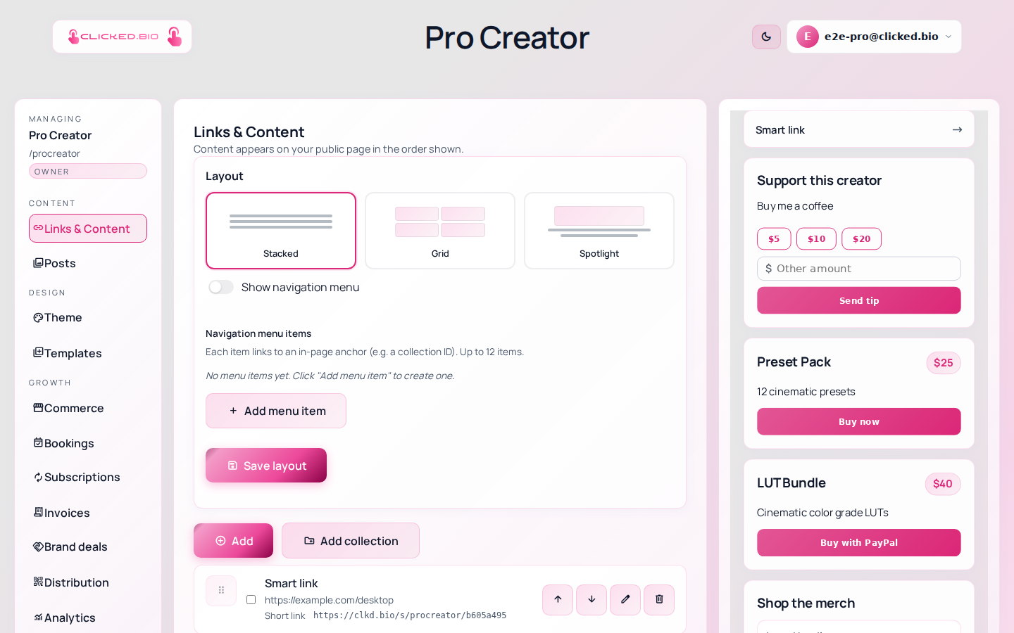 The Links and Content panel showing a reorderable list of blocks and a live page preview