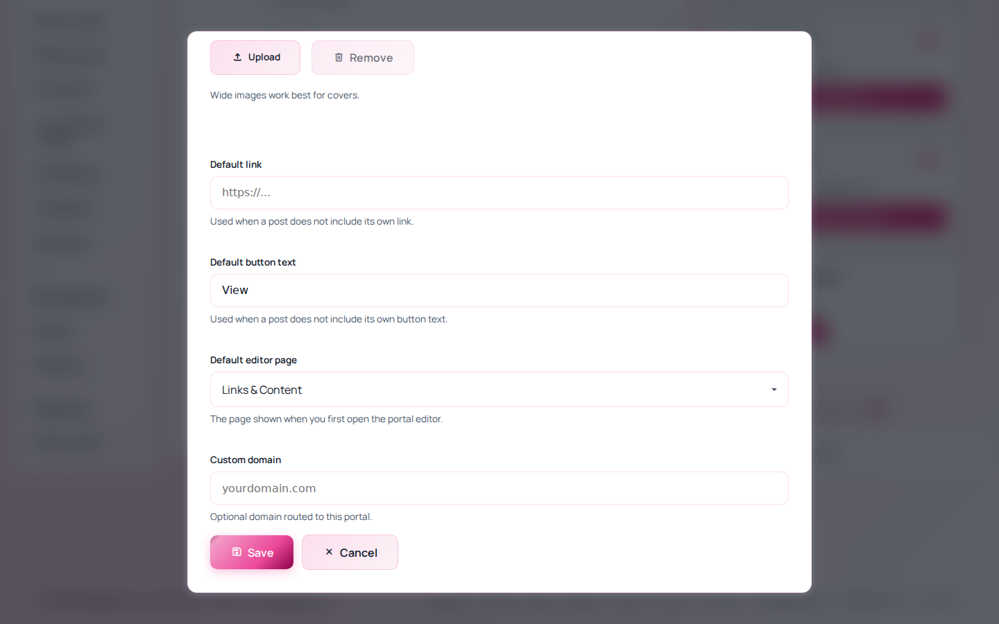 The Custom domain field in the clicked.bio portal settings panel