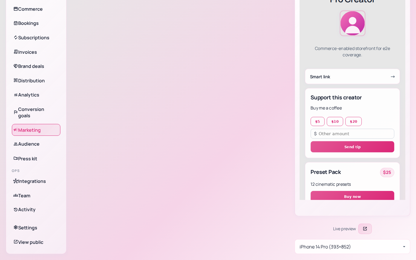 The Marketing panel in clicked.bio where auto-reply emails are configured