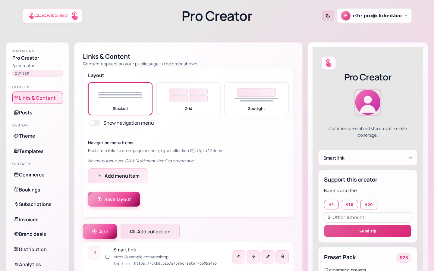 The clicked.bio editor with its panel navigation and live preview