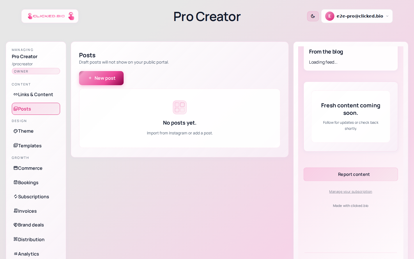 Imported Instagram posts shown in a grid inside the clicked.bio editor