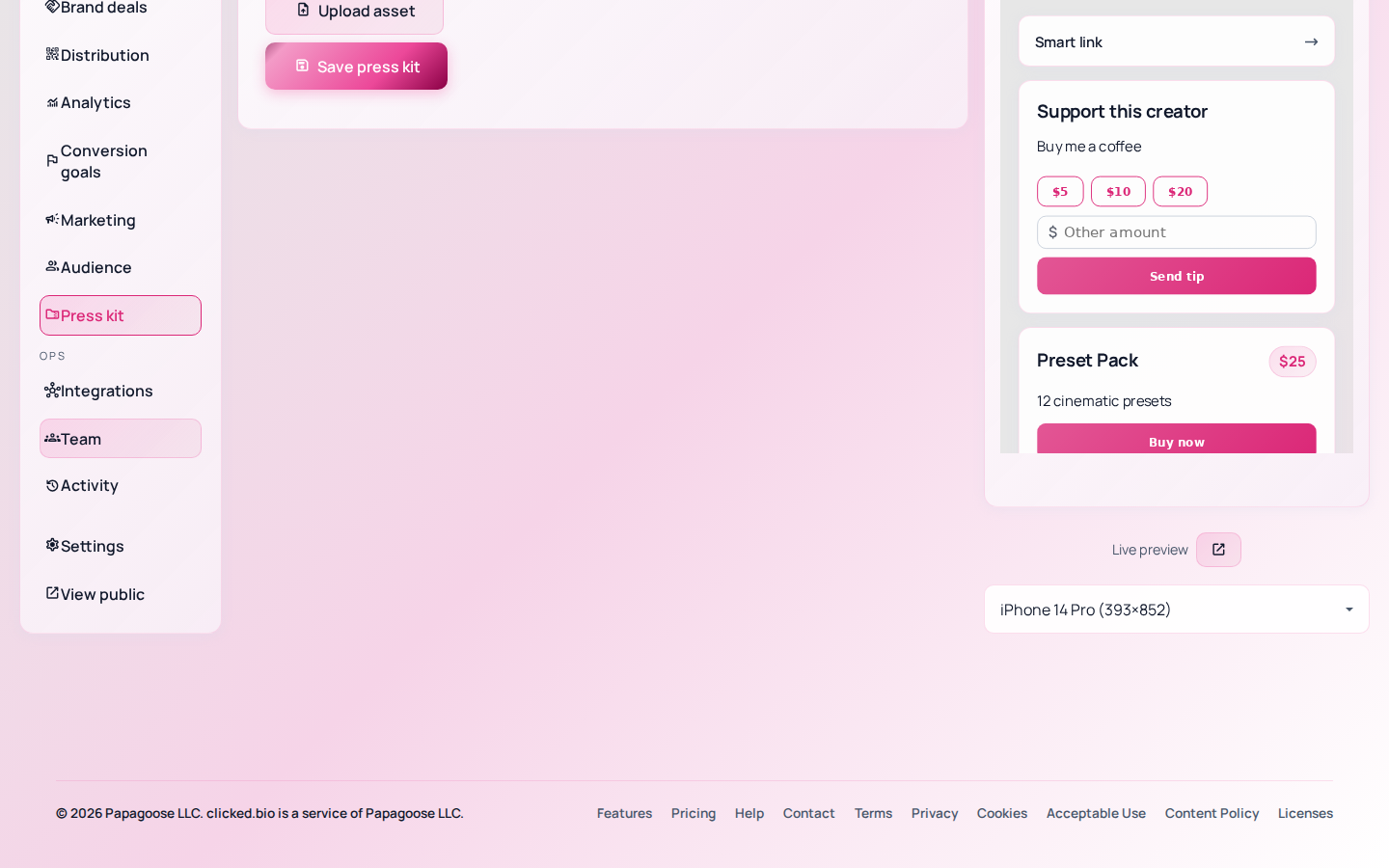 The Press kit panel in clicked.bio with short bio, long bio and asset uploads
