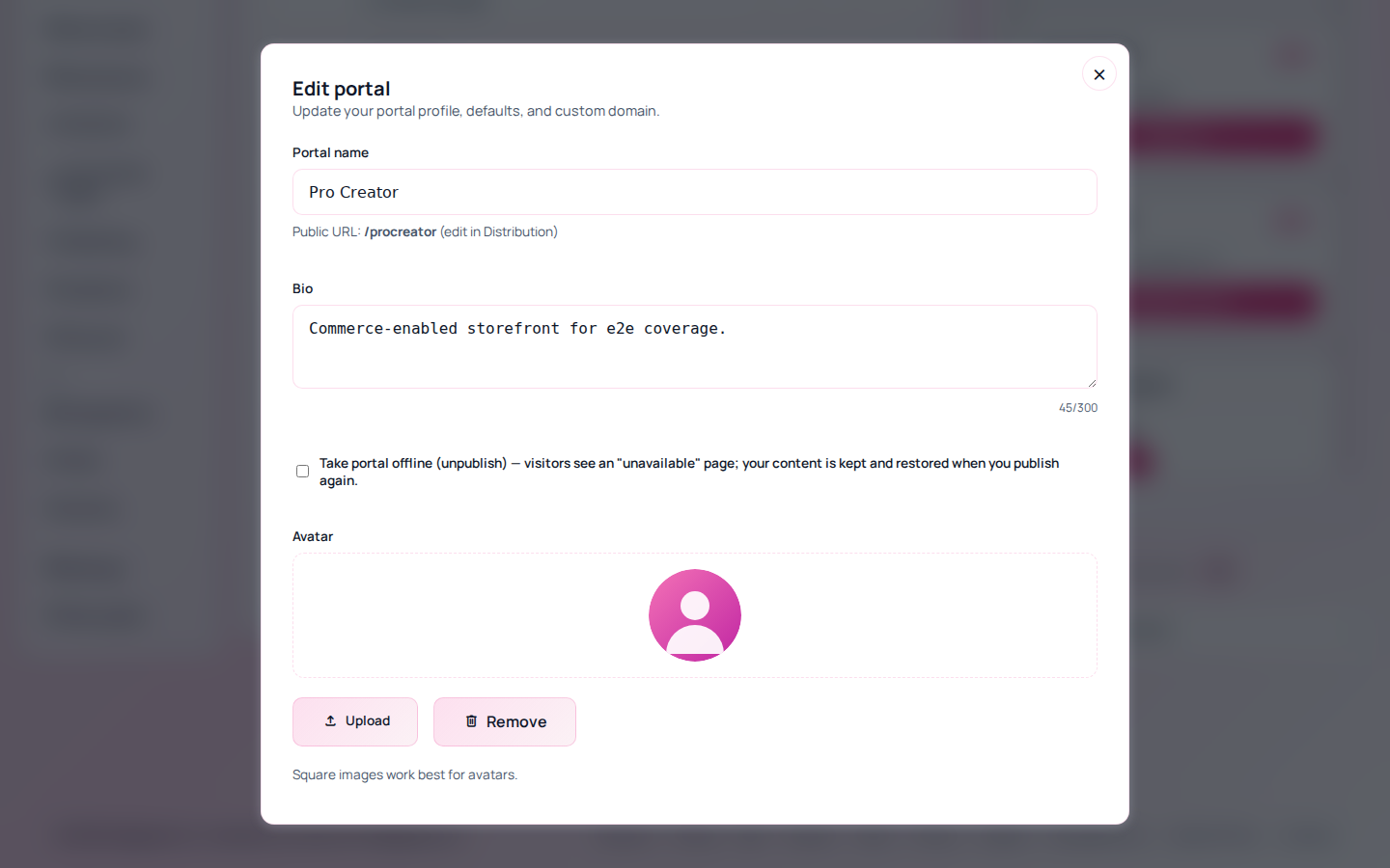 Portal settings in clicked.bio showing the page name, bio and avatar fields