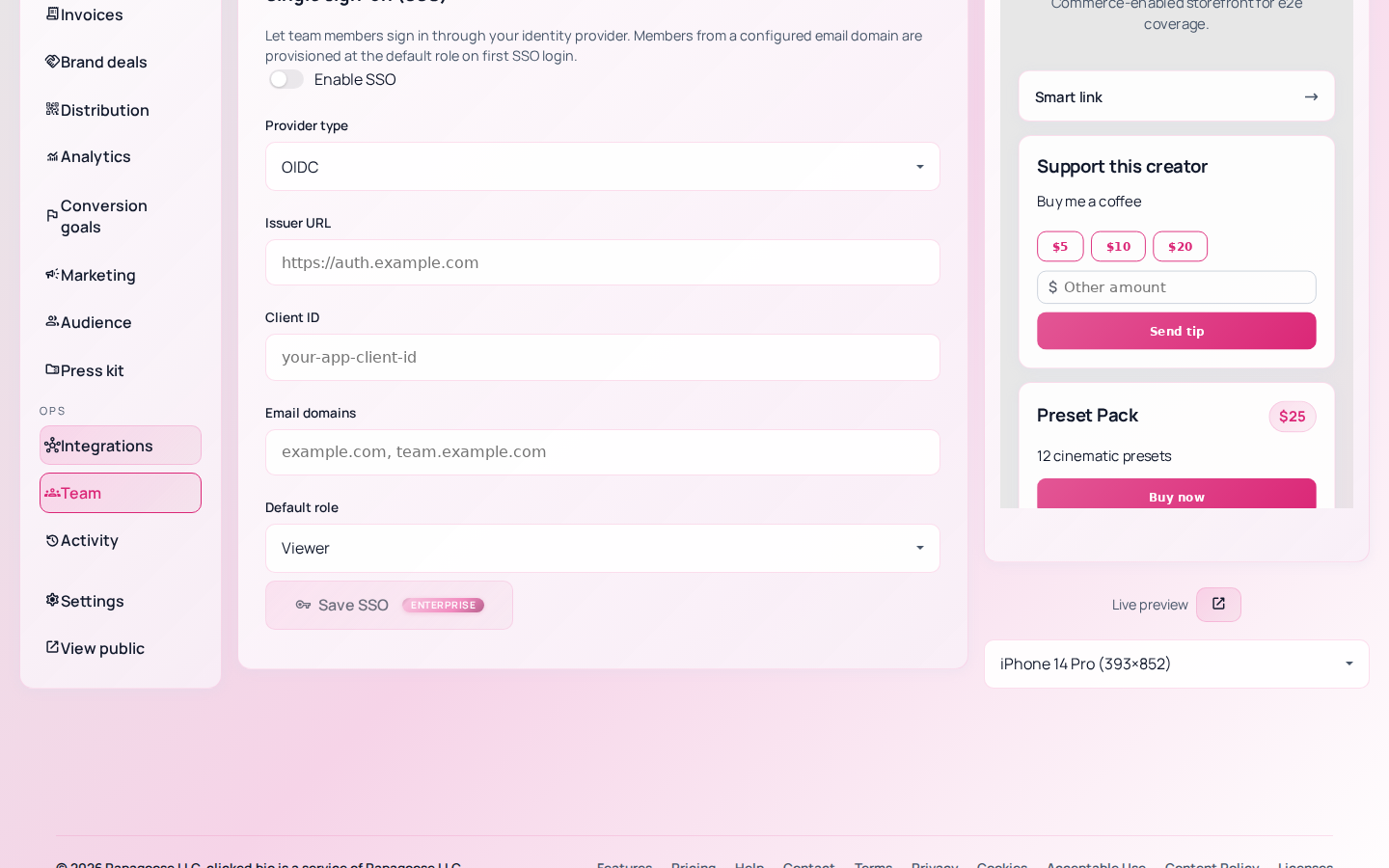 The Team panel in clicked.bio showing seats and roles