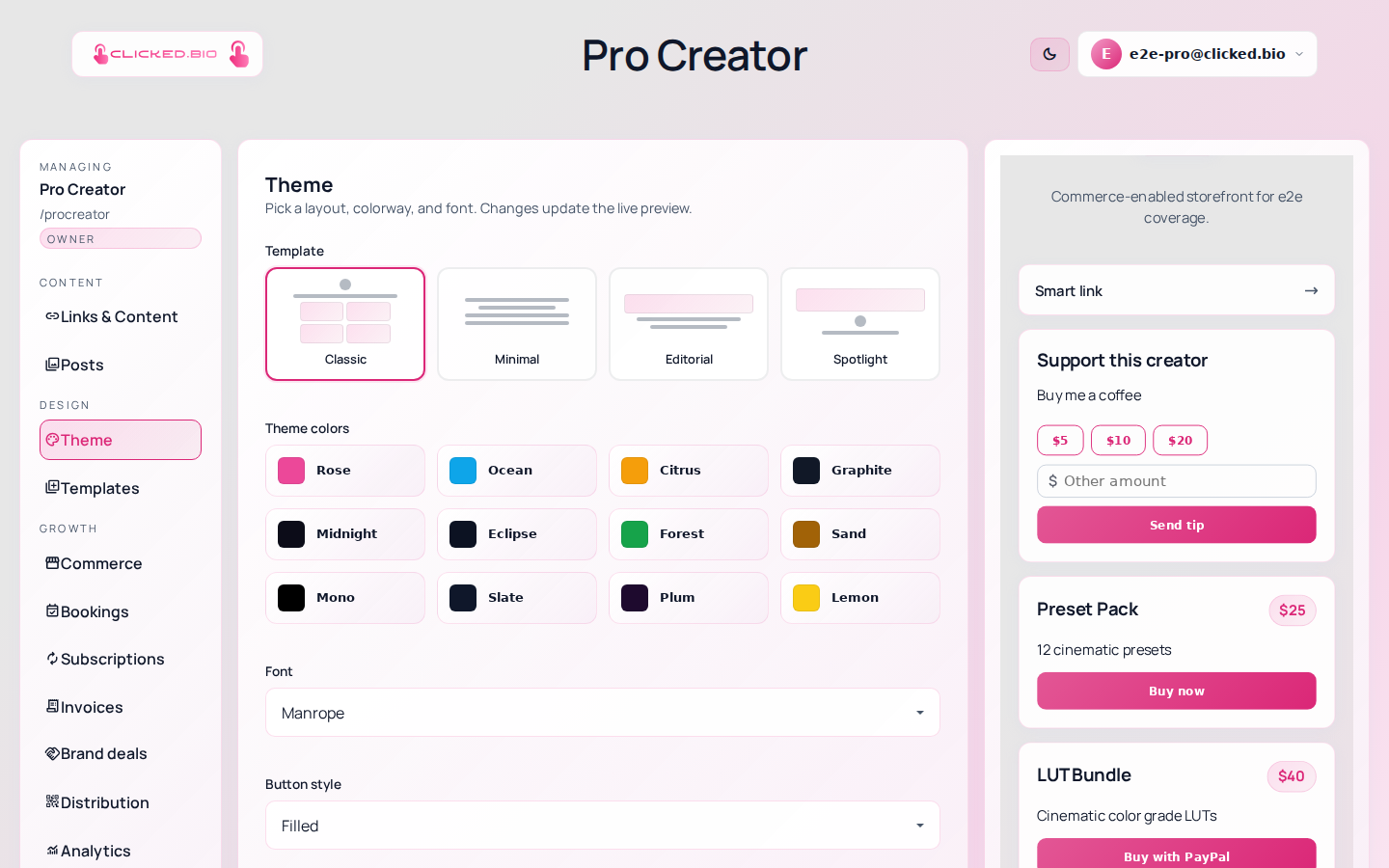 The Theme panel in clicked.bio with accent color, font and layout options