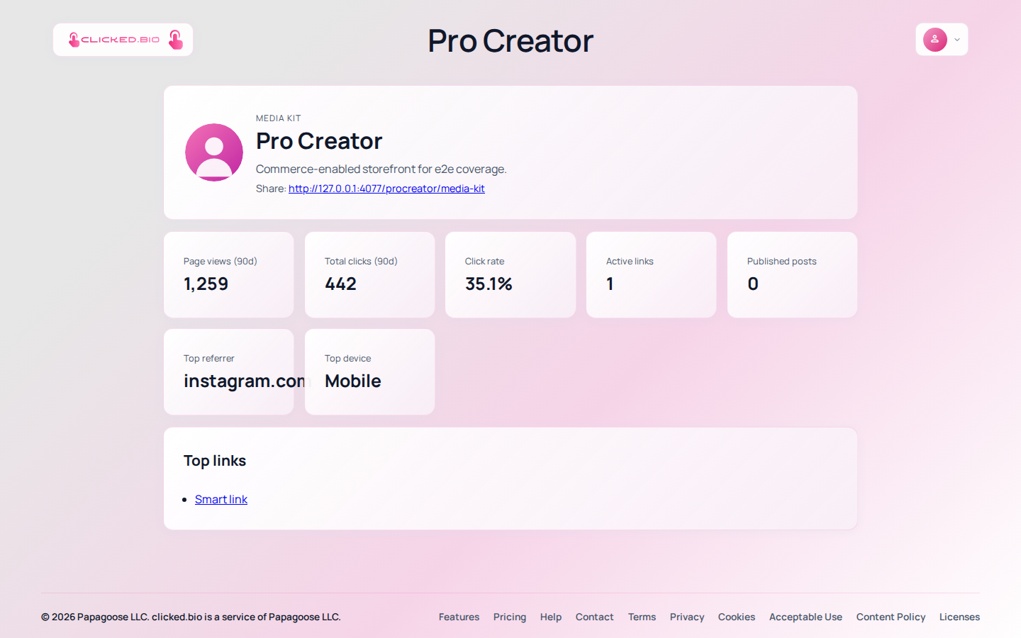 A public clicked.bio media kit page showing audience statistics and links