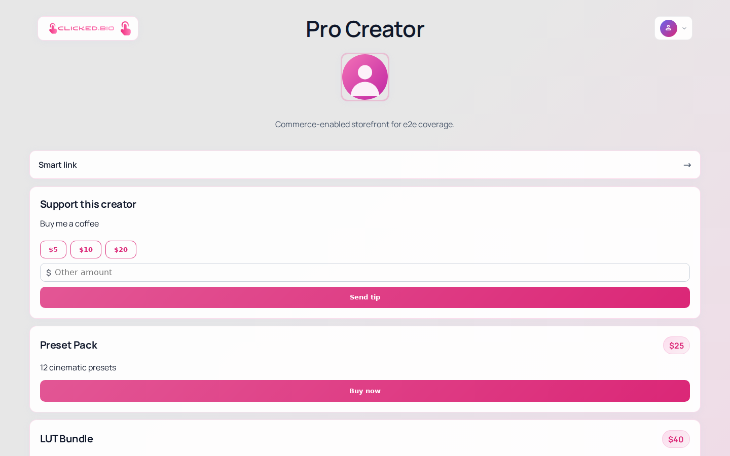 A published clicked.bio page showing a Support this creator tip block with preset amounts